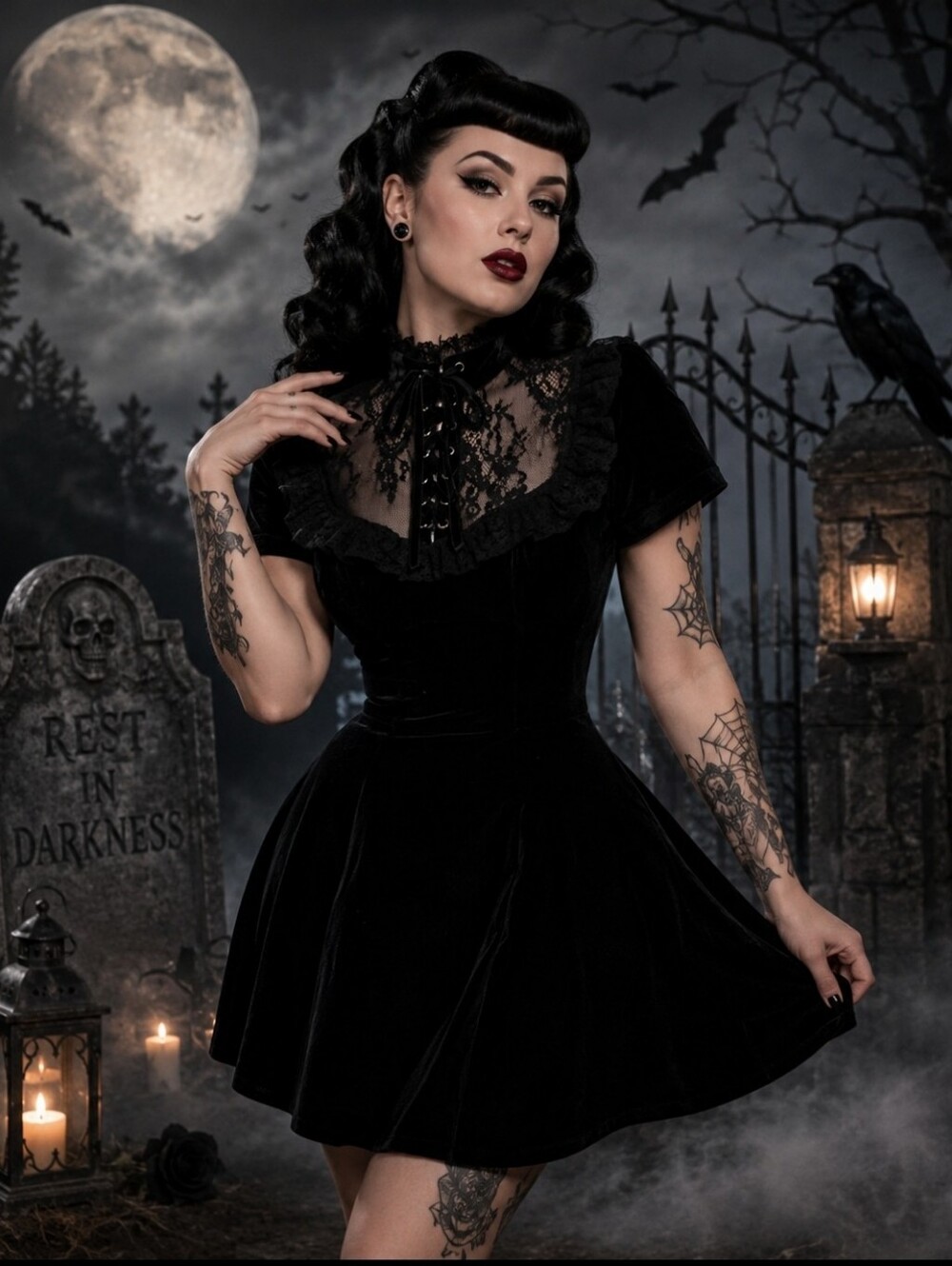 Vintage-Inspired Black Velvet Dress with Lace Yoke